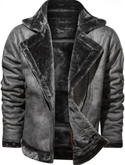 Best OUKU Men's Faux Leather Jacket Fleece Jacket Biker Jacket Vintage Leather Jacket Vacation Daily Windproof Warm Pocket Fall & Winter Plain Fashion Classic Lapel Regular Faux Leather Black Brown Gray Jacket