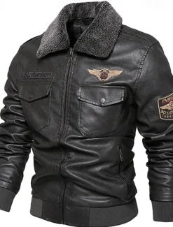 New OUKU Men's Faux Leather Jacket Biker Jacket Motorcycle Jacket Vacation Daily Windproof Warm Fur Trim Pocket Fall & Winter Plain Fashion Classic Lapel Regular Faux Leather Black Coffee Gray Jacket