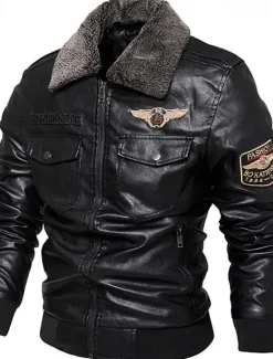 New OUKU Men's Faux Leather Jacket Biker Jacket Motorcycle Jacket Vacation Daily Windproof Warm Fur Trim Pocket Fall & Winter Plain Fashion Classic Lapel Regular Faux Leather Black Coffee Gray Jacket