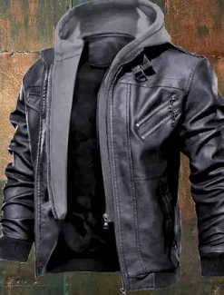 Outlet OUKU Men's Faux Leather Jacket Biker Jacket Motorcycle Jacket Vacation Daily Windproof Warm Pocket Fall Winter Plain Fashion Classic Hooded Regular Black Coffee Gray Jacket