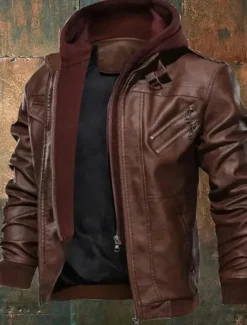 Outlet OUKU Men's Faux Leather Jacket Biker Jacket Motorcycle Jacket Vacation Daily Windproof Warm Pocket Fall Winter Plain Fashion Classic Hooded Regular Black Coffee Gray Jacket