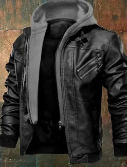 Outlet OUKU Men's Faux Leather Jacket Biker Jacket Motorcycle Jacket Vacation Daily Windproof Warm Pocket Fall Winter Plain Fashion Classic Hooded Regular Black Coffee Gray Jacket