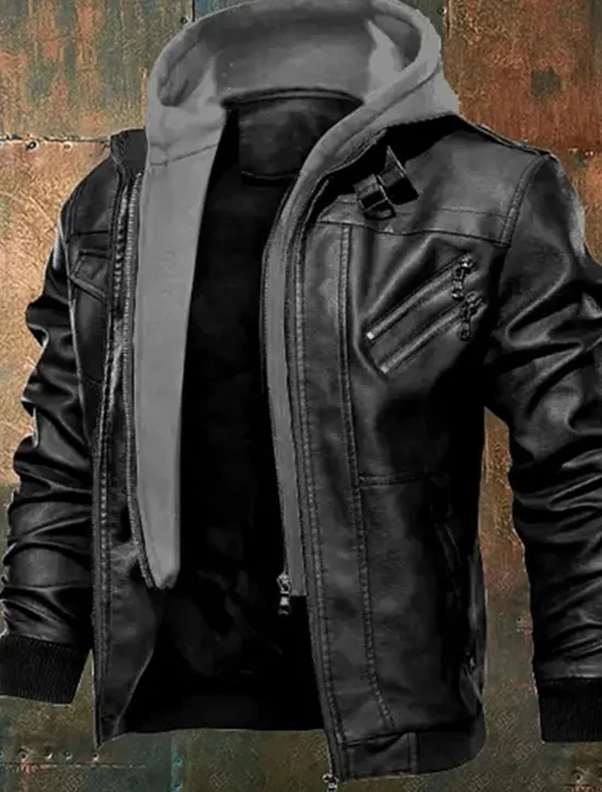 Outlet OUKU Men's Faux Leather Jacket Biker Jacket Motorcycle Jacket Vacation Daily Windproof Warm Pocket Fall Winter Plain Fashion Classic Hooded Regular Black Coffee Gray Jacket