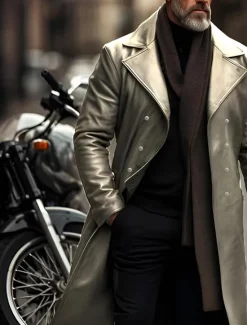 Outlet OUKU Men's Faux Leather Jacket Transition Jacket Biker Jacket Red Leather Jacket Vacation Daily Windproof Warm Pocket Fall & Winter Plain Fashion Classic Lapel Long Faux Leather Black Silver Wine Blue Gold