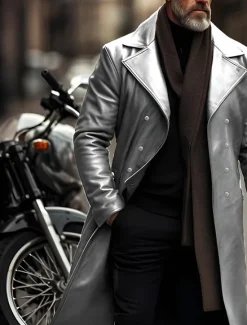 Outlet OUKU Men's Faux Leather Jacket Transition Jacket Biker Jacket Red Leather Jacket Vacation Daily Windproof Warm Pocket Fall & Winter Plain Fashion Classic Lapel Long Faux Leather Black Silver Wine Blue Gold