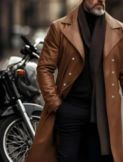 Outlet OUKU Men's Faux Leather Jacket Transition Jacket Biker Jacket Red Leather Jacket Vacation Daily Windproof Warm Pocket Fall & Winter Plain Fashion Classic Lapel Long Faux Leather Black Silver Wine Blue Gold