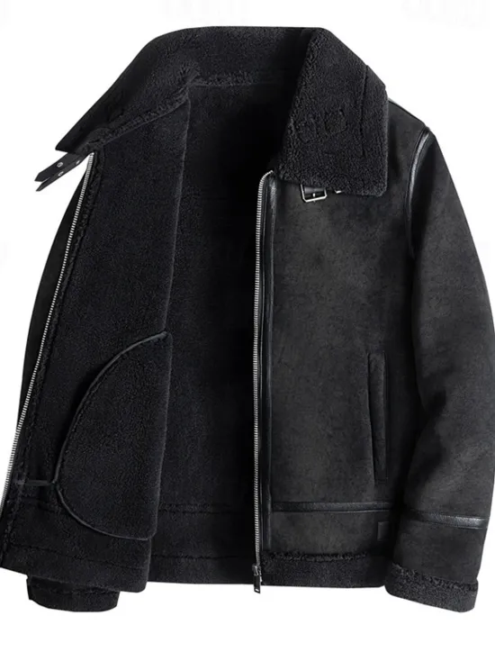 Clearance OUKU Men's Faux Leather Jacket Fleece Jacket Biker Jacket Motorcycle Jacket Daily Vacation Windproof Warm Pocket Fall & Winter Plain Fashion Classic Lapel Regular Black Beige Coffee Jacket