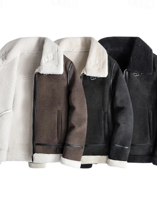 Clearance OUKU Men's Faux Leather Jacket Fleece Jacket Biker Jacket Motorcycle Jacket Daily Vacation Windproof Warm Pocket Fall & Winter Plain Fashion Classic Lapel Regular Black Beige Coffee Jacket