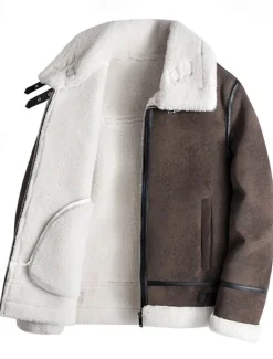 Clearance OUKU Men's Faux Leather Jacket Fleece Jacket Biker Jacket Motorcycle Jacket Daily Vacation Windproof Warm Pocket Fall & Winter Plain Fashion Classic Lapel Regular Black Beige Coffee Jacket