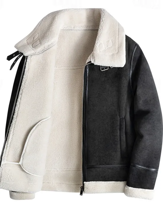 Clearance OUKU Men's Faux Leather Jacket Fleece Jacket Biker Jacket Motorcycle Jacket Daily Vacation Windproof Warm Pocket Fall & Winter Plain Fashion Classic Lapel Regular Black Beige Coffee Jacket