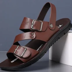 Online OUKU Men's Faux Leather Sandals with Double Buckle Straps – Comfortable Non-Slip Casual Summer Footwear for Outdoors Brown