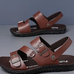 Online OUKU Men's Faux Leather Sandals with Double Buckle Straps – Comfortable Non-Slip Casual Summer Footwear for Outdoors Brown