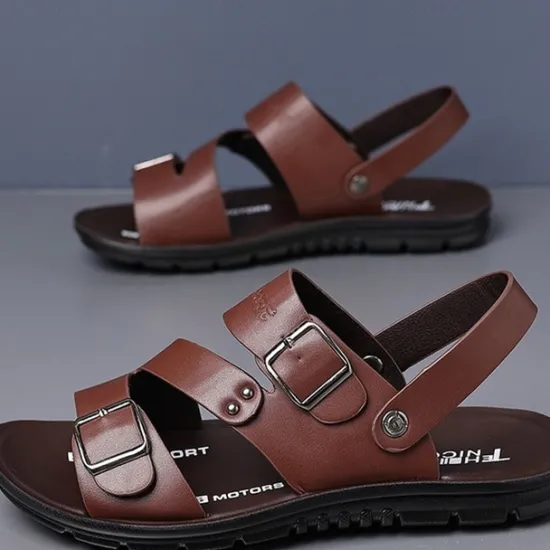 Online OUKU Men's Faux Leather Sandals with Double Buckle Straps – Comfortable Non-Slip Casual Summer Footwear for Outdoors Brown