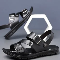 Online OUKU Men's Faux Leather Sandals with Double Buckle Straps – Comfortable Non-Slip Casual Summer Footwear for Outdoors Brown