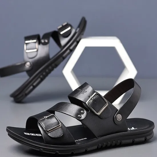 Online OUKU Men's Faux Leather Sandals with Double Buckle Straps – Comfortable Non-Slip Casual Summer Footwear for Outdoors Brown