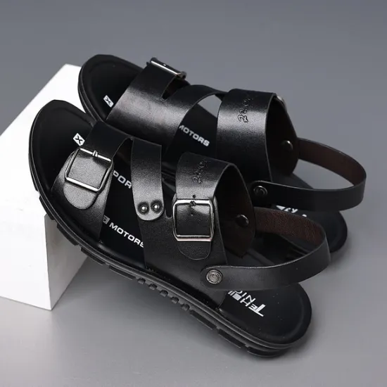 Online OUKU Men's Faux Leather Sandals with Double Buckle Straps – Comfortable Non-Slip Casual Summer Footwear for Outdoors Brown