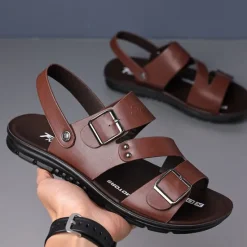 Online OUKU Men's Faux Leather Sandals with Double Buckle Straps – Comfortable Non-Slip Casual Summer Footwear for Outdoors Brown