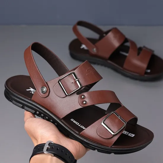 Online OUKU Men's Faux Leather Sandals with Double Buckle Straps – Comfortable Non-Slip Casual Summer Footwear for Outdoors Brown