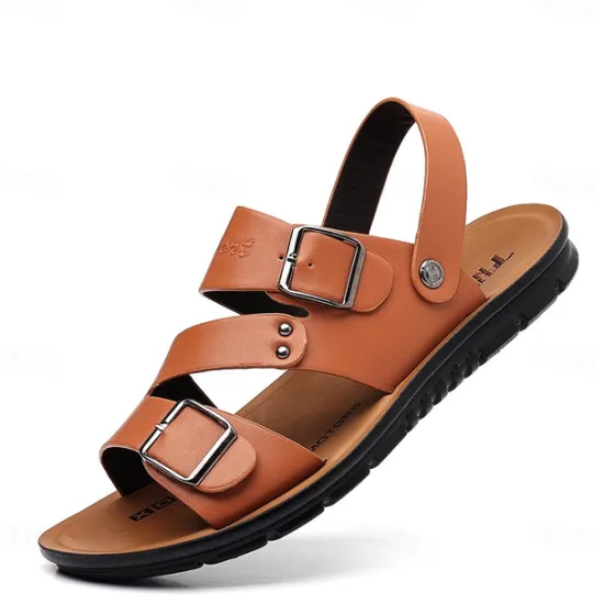 Online OUKU Men's Faux Leather Sandals with Double Buckle Straps – Comfortable Non-Slip Casual Summer Footwear for Outdoors Brown