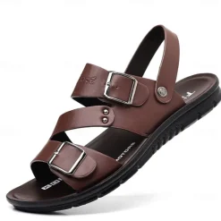 Online OUKU Men's Faux Leather Sandals with Double Buckle Straps – Comfortable Non-Slip Casual Summer Footwear for Outdoors Brown