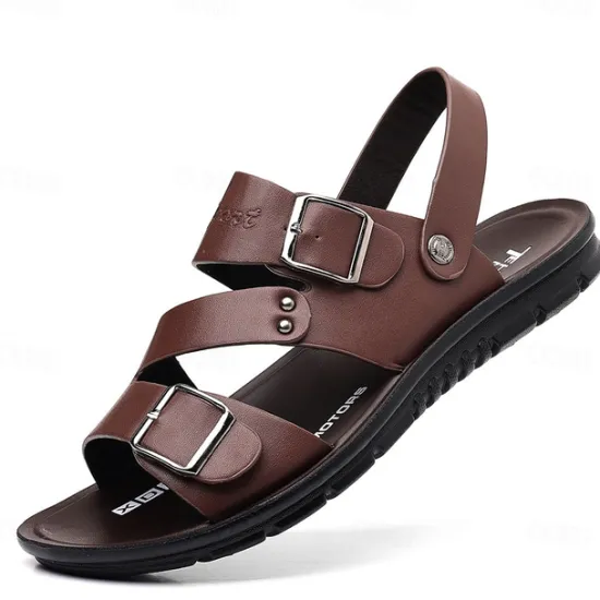 Online OUKU Men's Faux Leather Sandals with Double Buckle Straps – Comfortable Non-Slip Casual Summer Footwear for Outdoors Brown