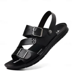 Online OUKU Men's Faux Leather Sandals with Double Buckle Straps – Comfortable Non-Slip Casual Summer Footwear for Outdoors Brown
