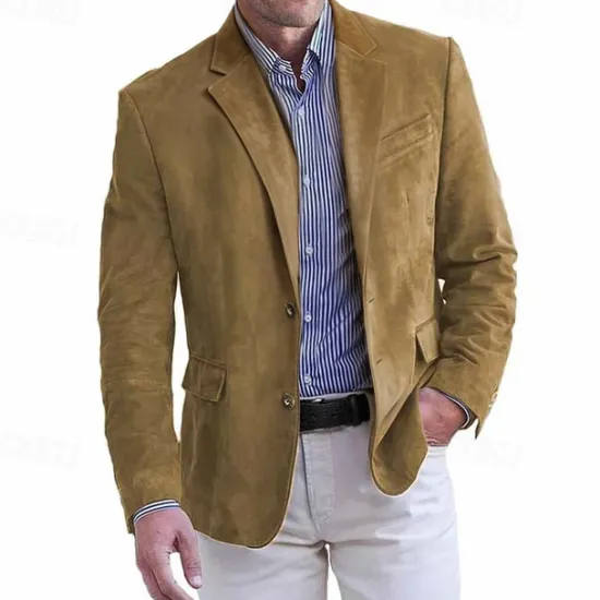 Best OUKU Men's Faux Suede Jacket Faux Suede Blazer Business Attire Company Party Fashion Casual Fall / Winter Faux Suede Plain Pocket Buttons Comfortable Single Breasted Blazer Dark Navy Brown Green khaki