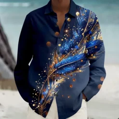 New OUKU Men's Feathers Summer Hawaiian Shirt Button Up Shirt Aloha Shirt Long Sleeve Hawaiian Vacation Spring Fall Turndown Button Up Violet Blue Green Peacock Blue