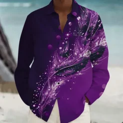 New OUKU Men's Feathers Summer Hawaiian Shirt Button Up Shirt Aloha Shirt Long Sleeve Hawaiian Vacation Spring Fall Turndown Button Up Violet Blue Green Peacock Blue