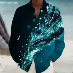 New OUKU Men's Feathers Summer Hawaiian Shirt Button Up Shirt Aloha Shirt Long Sleeve Hawaiian Vacation Spring Fall Turndown Button Up Violet Blue Green Peacock Blue