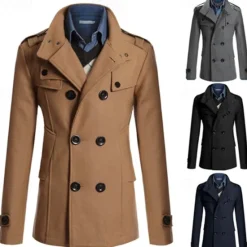 Best OUKU Men's Field Coat Peacoat Trench Coat Daily Vacation Fall & Winter Polyester Thermal Warm Outerwear Clothing Apparel Fashion Classic Plain Pocket Stand Collar Double Breasted