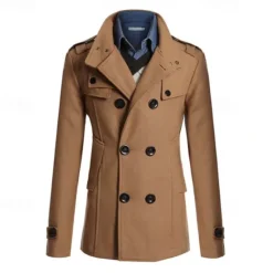 Best OUKU Men's Field Coat Peacoat Trench Coat Daily Vacation Fall & Winter Polyester Thermal Warm Outerwear Clothing Apparel Fashion Classic Plain Pocket Stand Collar Double Breasted