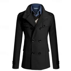 Best OUKU Men's Field Coat Peacoat Trench Coat Daily Vacation Fall & Winter Polyester Thermal Warm Outerwear Clothing Apparel Fashion Classic Plain Pocket Stand Collar Double Breasted