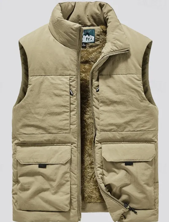 Online OUKU Men's Fishing Vest Daily Casual Spring & Fall Pocket Polyester Comfortable Solid Color Zipper Stand Collar Black Khaki Dark Blue Dark Gray Vest