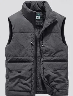 Online OUKU Men's Fishing Vest Daily Casual Spring & Fall Pocket Polyester Comfortable Solid Color Zipper Stand Collar Black Khaki Dark Blue Dark Gray Vest