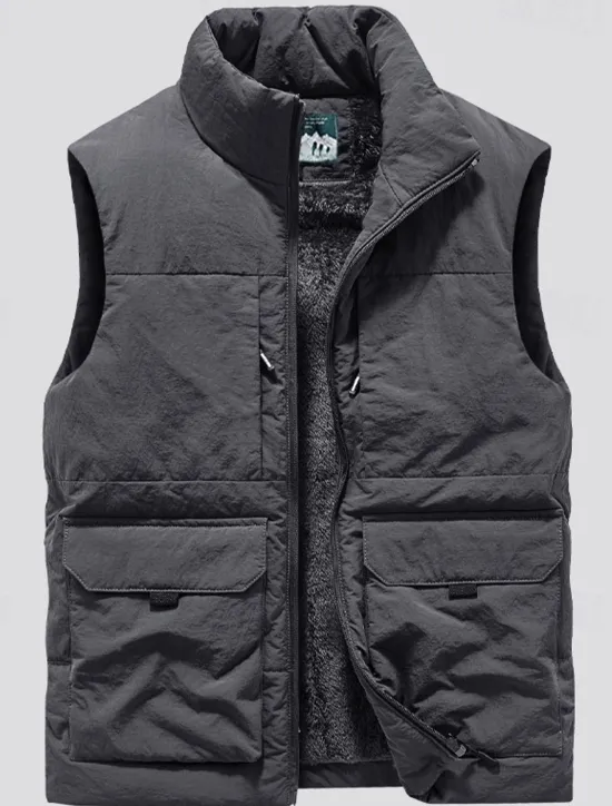 Online OUKU Men's Fishing Vest Daily Casual Spring & Fall Pocket Polyester Comfortable Solid Color Zipper Stand Collar Black Khaki Dark Blue Dark Gray Vest