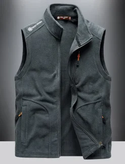 Best OUKU Men's Fishing Vest Daily Casual Fall & Winter Pocket Fleece Polyester Thermal Warm Plain Zipper Stand Collar Regular Fit Black Army Green Dark Blue Dark Gray Vest