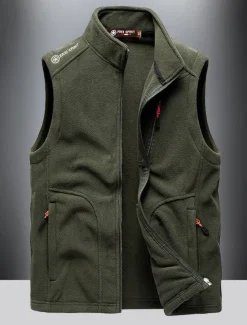 Best OUKU Men's Fishing Vest Daily Casual Fall & Winter Pocket Fleece Polyester Thermal Warm Plain Zipper Stand Collar Regular Fit Black Army Green Dark Blue Dark Gray Vest