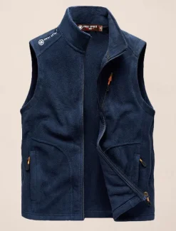 Best OUKU Men's Fishing Vest Daily Casual Fall & Winter Pocket Fleece Polyester Thermal Warm Plain Zipper Stand Collar Regular Fit Black Army Green Dark Blue Dark Gray Vest