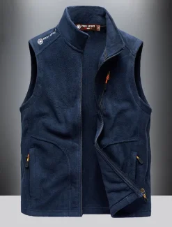Best OUKU Men's Fishing Vest Daily Casual Fall & Winter Pocket Fleece Polyester Thermal Warm Plain Zipper Stand Collar Regular Fit Black Army Green Dark Blue Dark Gray Vest