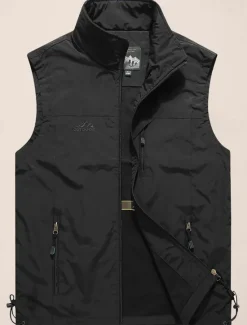 Clearance OUKU Men's Fishing Vest Sleeveless Vest Outdoor Casual Spring Fall Pocket Polyester Quick Dry Plain Zipper Stand Collar Black Army Green Blue Khaki Vest