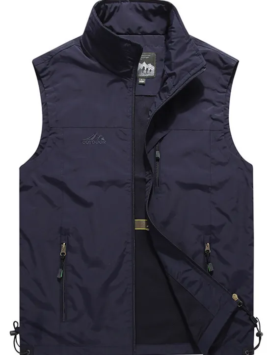 Clearance OUKU Men's Fishing Vest Sleeveless Vest Outdoor Casual Spring Fall Pocket Polyester Quick Dry Plain Zipper Stand Collar Black Army Green Blue Khaki Vest