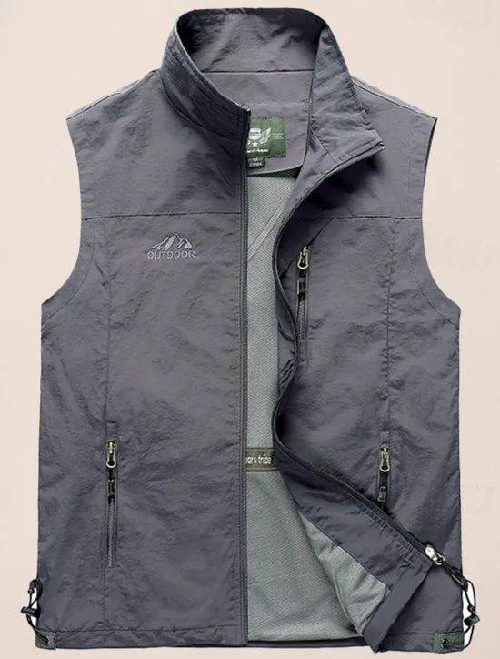Clearance OUKU Men's Fishing Vest Sleeveless Vest Outdoor Casual Spring Fall Pocket Polyester Quick Dry Plain Zipper Stand Collar Black Army Green Blue Khaki Vest