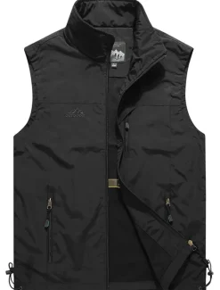 Clearance OUKU Men's Fishing Vest Sleeveless Vest Outdoor Casual Spring Fall Pocket Polyester Quick Dry Plain Zipper Stand Collar Black Army Green Blue Khaki Vest