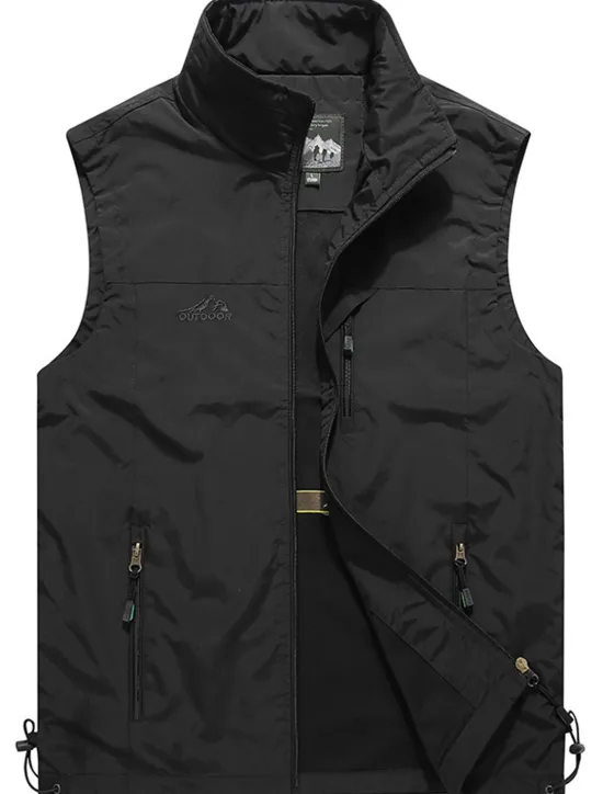 Clearance OUKU Men's Fishing Vest Sleeveless Vest Outdoor Casual Spring Fall Pocket Polyester Quick Dry Plain Zipper Stand Collar Black Army Green Blue Khaki Vest