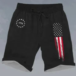 Hot OUKU Men's Flag American Flag National Flag Shorts Mid Waist Vacation Fashion Streetwear Outdoor Casual Holiday Drawstring Side Pockets Designer Clothing Apparel Black