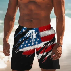 Hot OUKU Men's Flag American Flag National Flag Swim Trunks Swim Shorts Board Shorts Mid Waist Fashion Streetwear Designer Casual Daily Holiday Pocket Drawstring Elastic Waist Designer Clothing Apparel