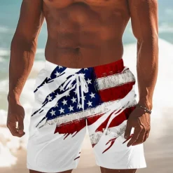 Hot OUKU Men's Flag American Flag National Flag Swim Trunks Swim Shorts Board Shorts Mid Waist Fashion Streetwear Designer Casual Daily Holiday Pocket Drawstring Elastic Waist Designer Clothing Apparel