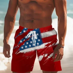 Hot OUKU Men's Flag American Flag National Flag Swim Trunks Swim Shorts Board Shorts Mid Waist Fashion Streetwear Designer Casual Daily Holiday Pocket Drawstring Elastic Waist Designer Clothing Apparel