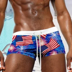 Hot OUKU Men's Flag American Flag National Flag Swim Trunks Swim Shorts Board Shorts Mid Waist Fashion Designer Surfing Holiday Beach Pocket Drawstring Elastic Waist Designer Clothing Apparel Blue